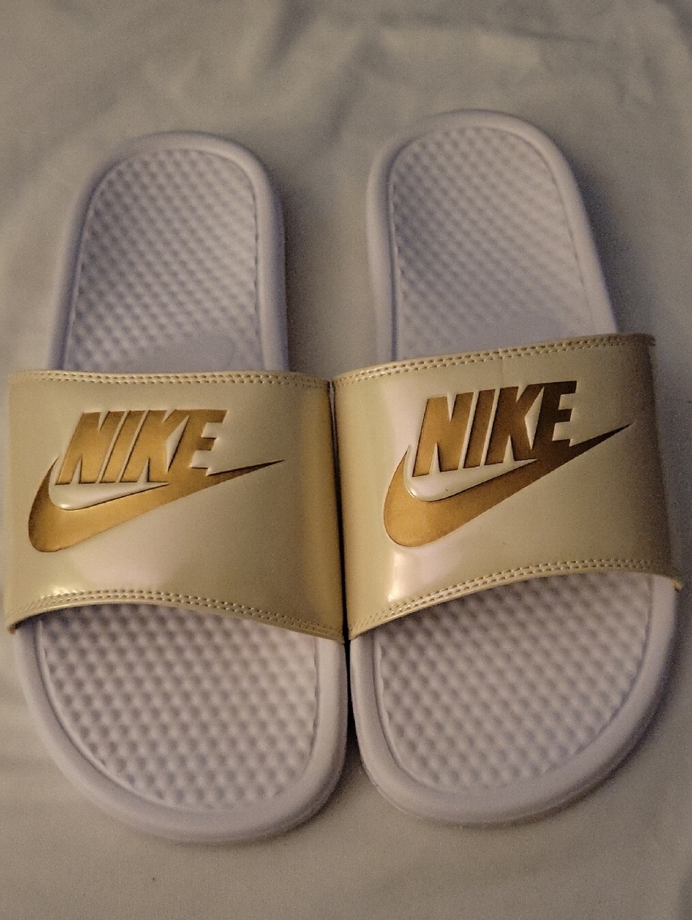 Nike Women's Benassi JDI Iridescent Cream Slides with Metallic Gold Logo (Sz 11)